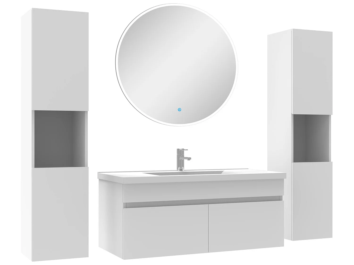 Ensemble meubles Salle de Bain simple vasque 100cm, colonnex2 et miroir rond Blanc