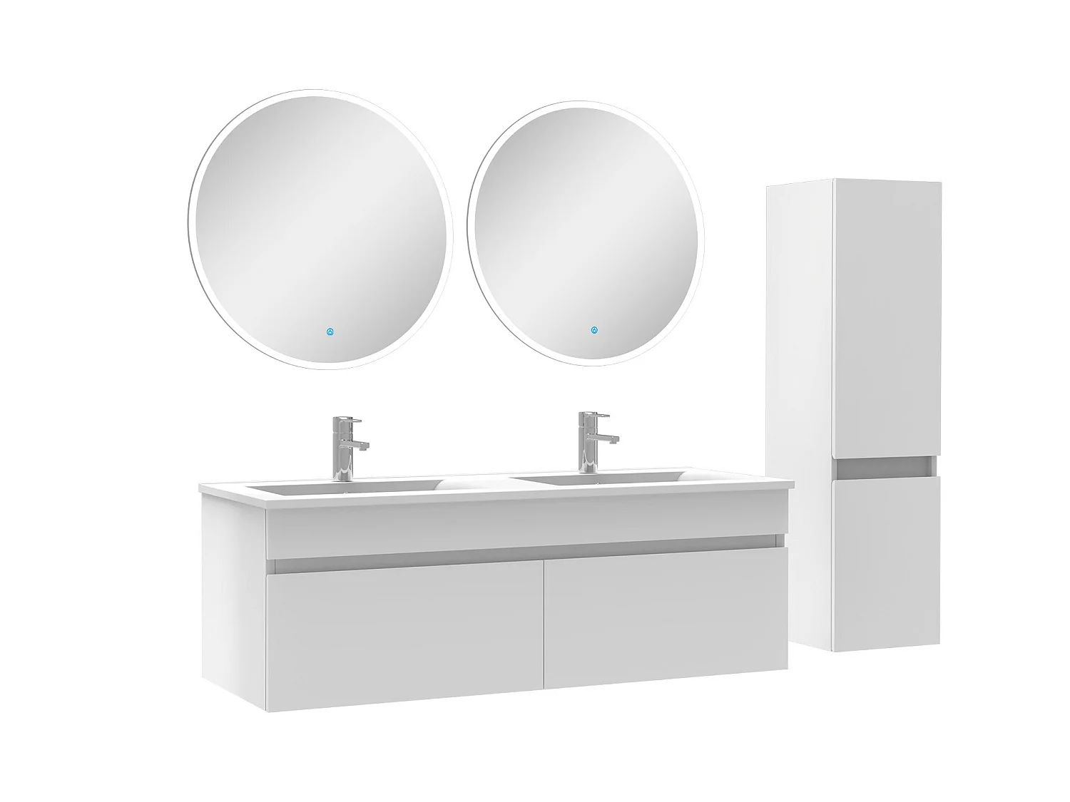 Ensemble Salle De Bain double vasque avec colonne et miroir rond 120cm meuble blanc