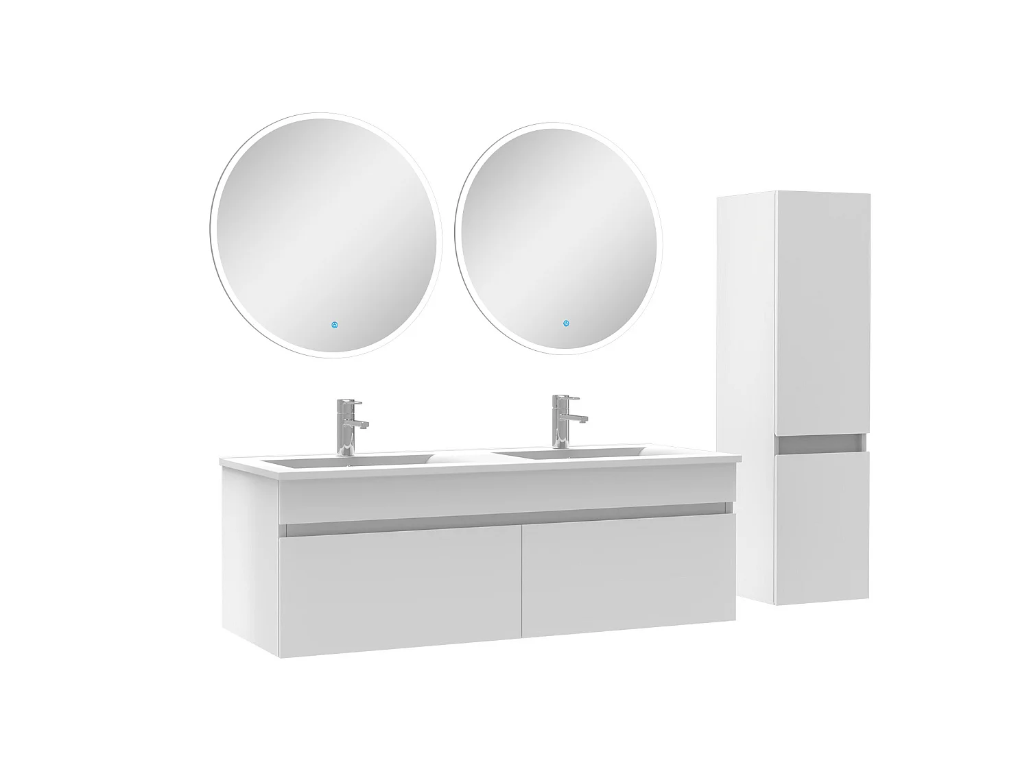 Ensemble Salle De Bain double vasque avec colonne et miroir rond 120cm meuble blanc