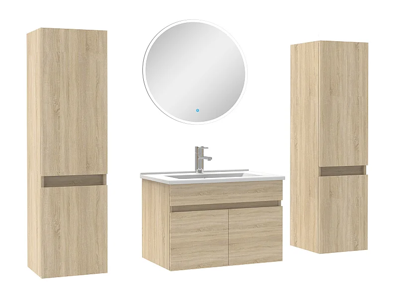 Ensemble meubles Salle de Bain simple vasque 60cm, colonnex2 + miroir rond Chêne Wotan