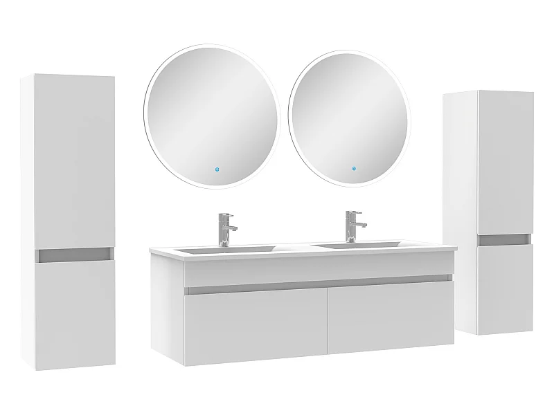 Ensemble meubles Salle de Bain double vasque 120cm, colonnex2 + miroir rond Blanc