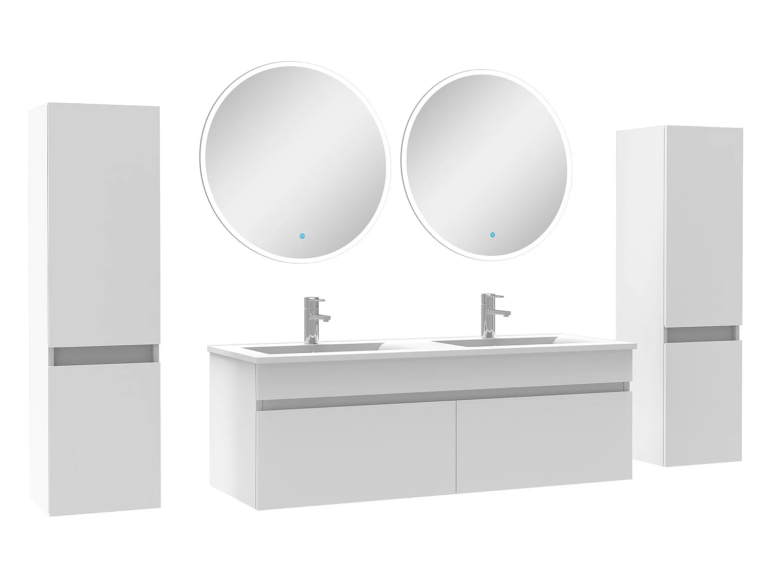Ensemble meubles Salle de Bain double vasque 120cm, colonnex2 + miroir rond Blanc