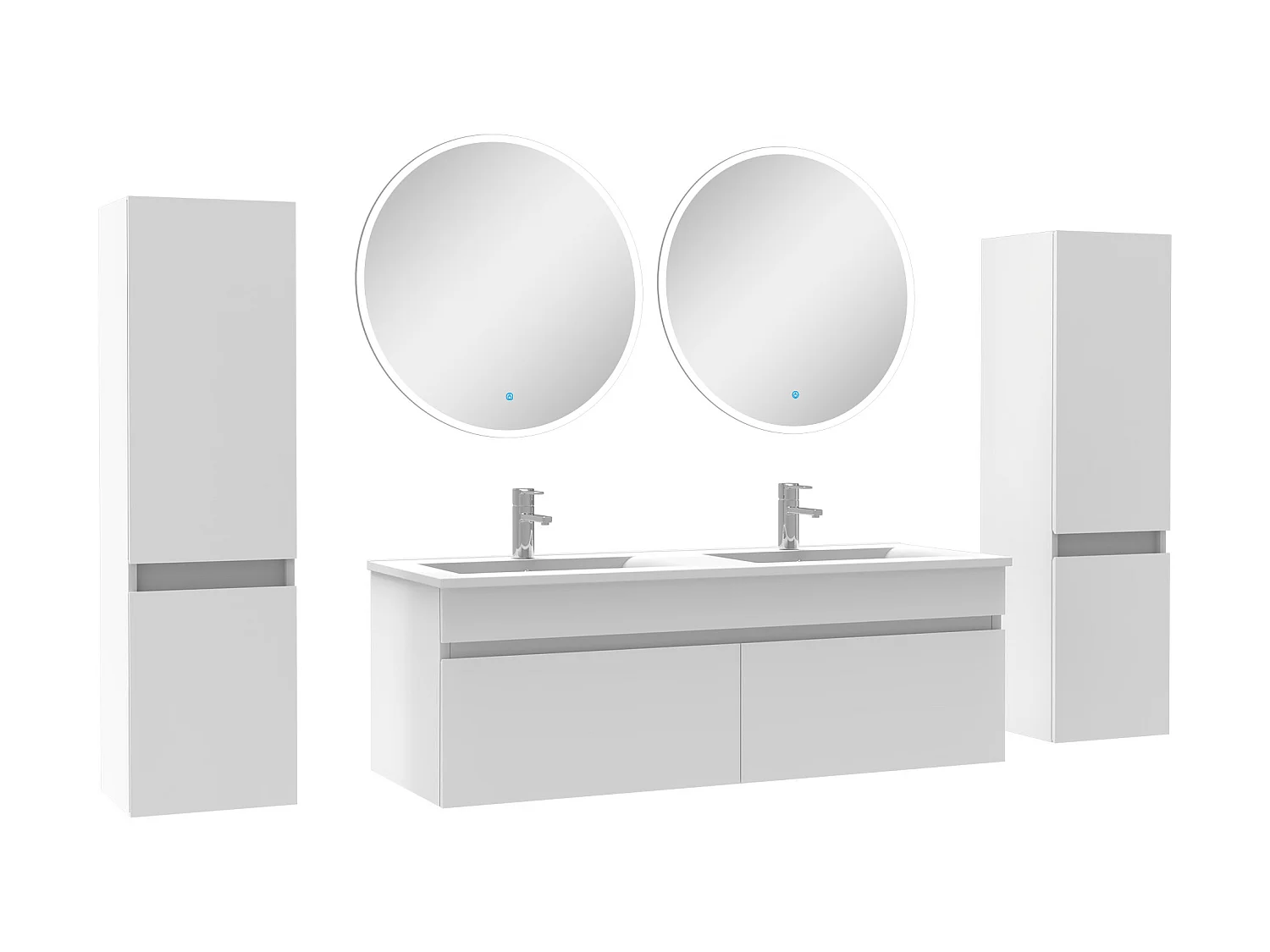 Ensemble meubles Salle de Bain double vasque 120cm, colonnex2 + miroir rond Blanc