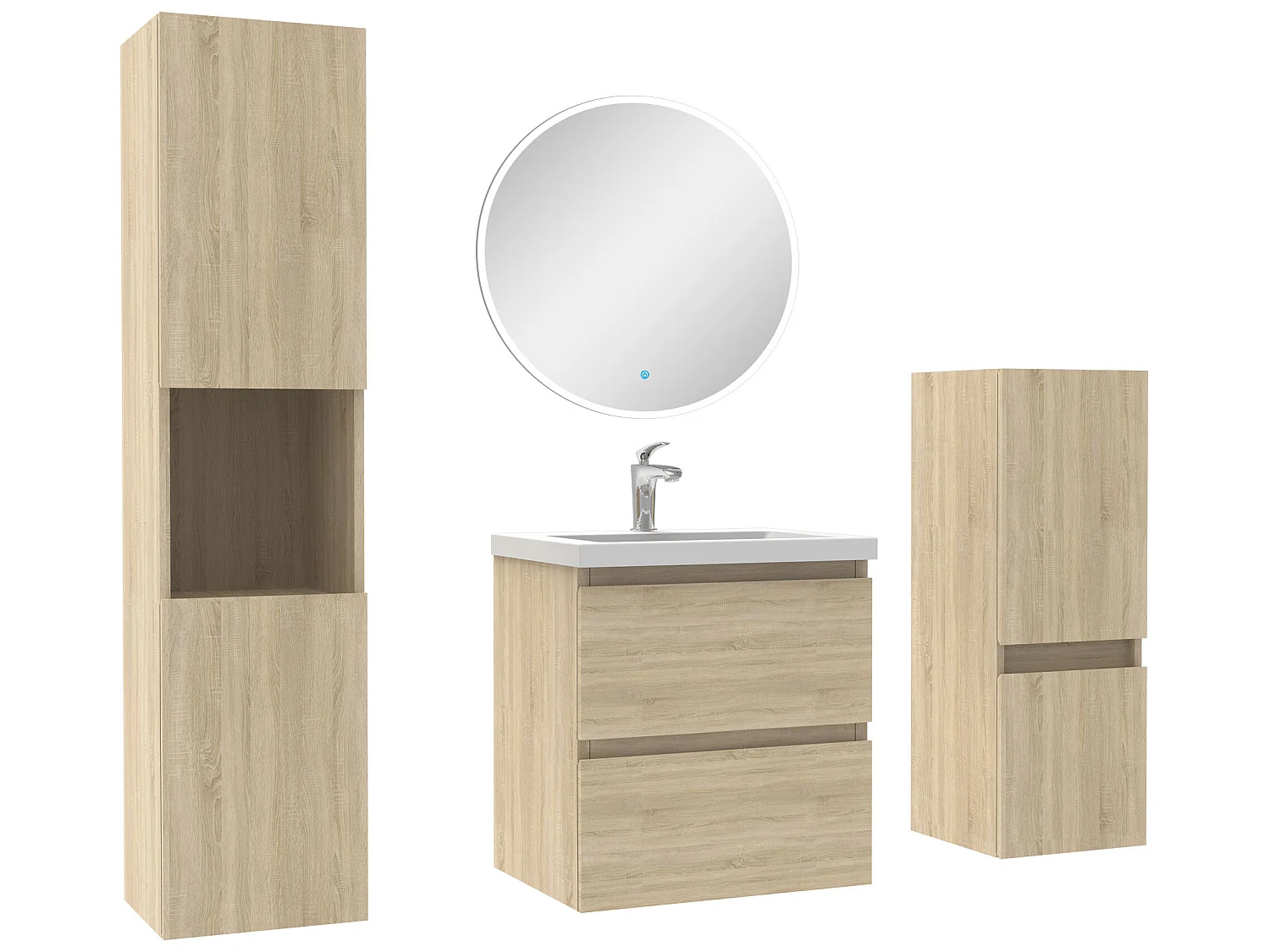 Ensemble meubles Salle de Bain 50cm simple vasque + colonne + miroir rond mural Chêne Wotan