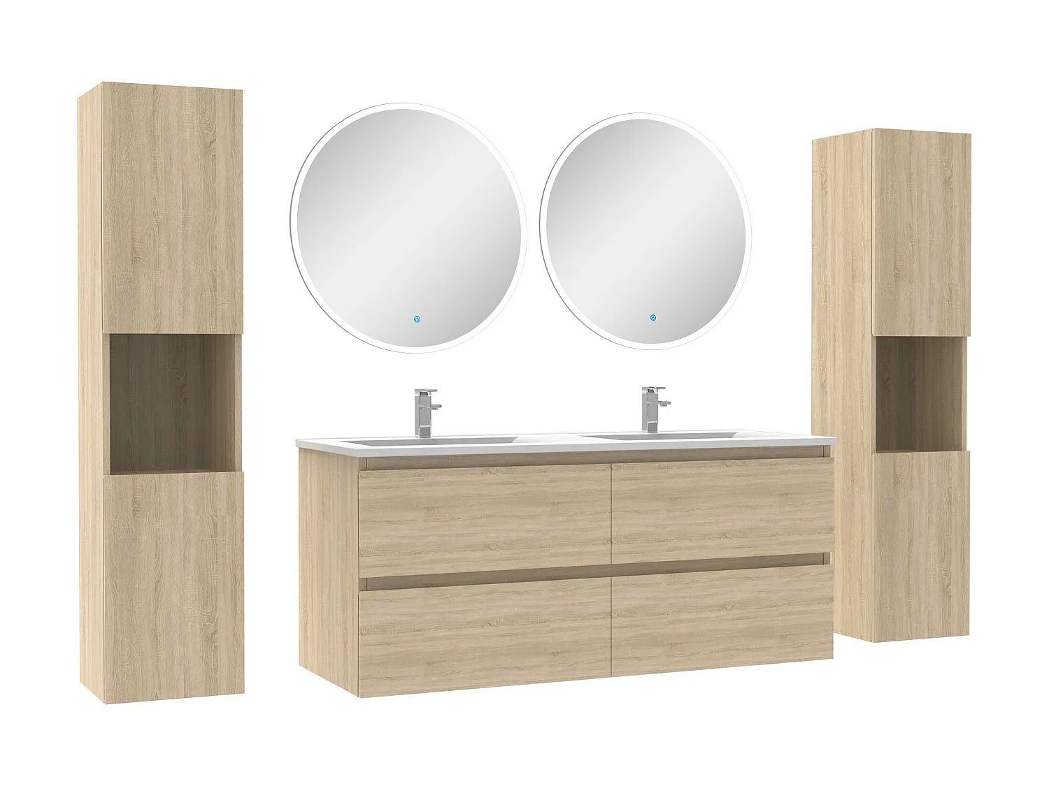 Ensemble meubles Salle de Bain avec colonne et miroir rond mural 120cm meuble Chêne Wotan