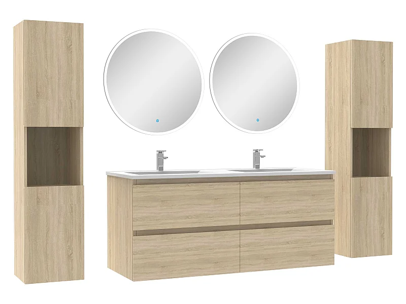 Ensemble meubles Salle de Bain avec colonne et miroir rond mural 120cm meuble Chêne Wotan