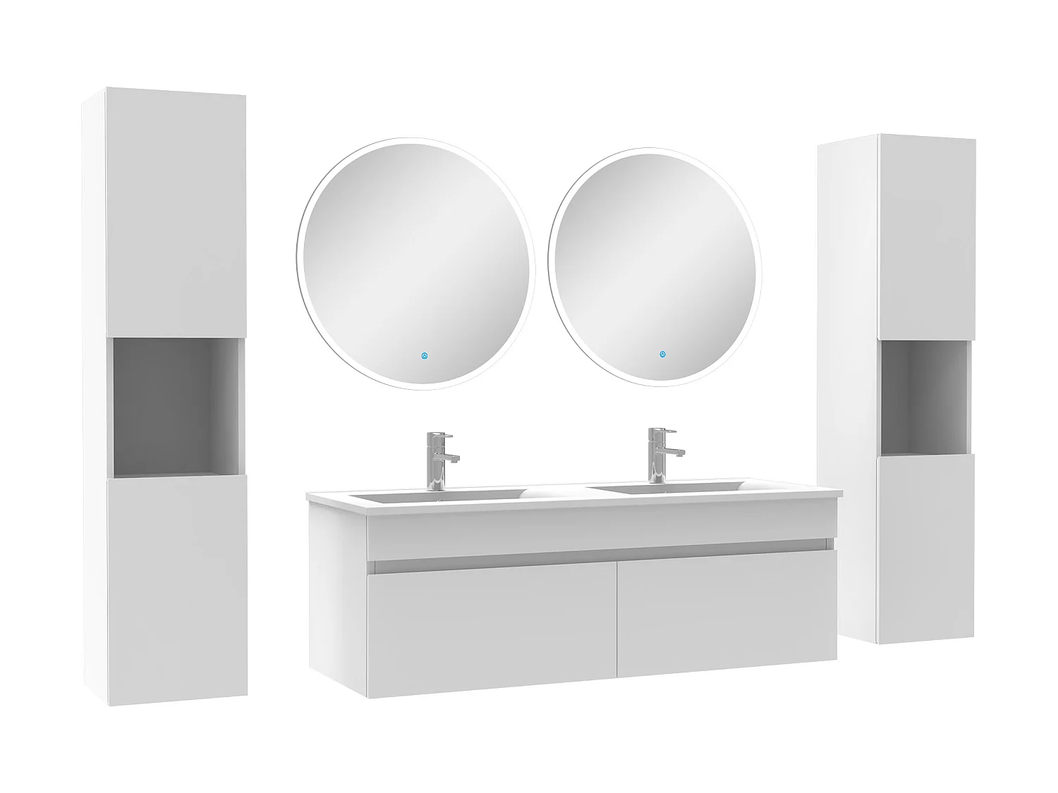 Ensemble meubles Salle de Bain double vasque 120cm, colonnex2 et miroir rond Blanc