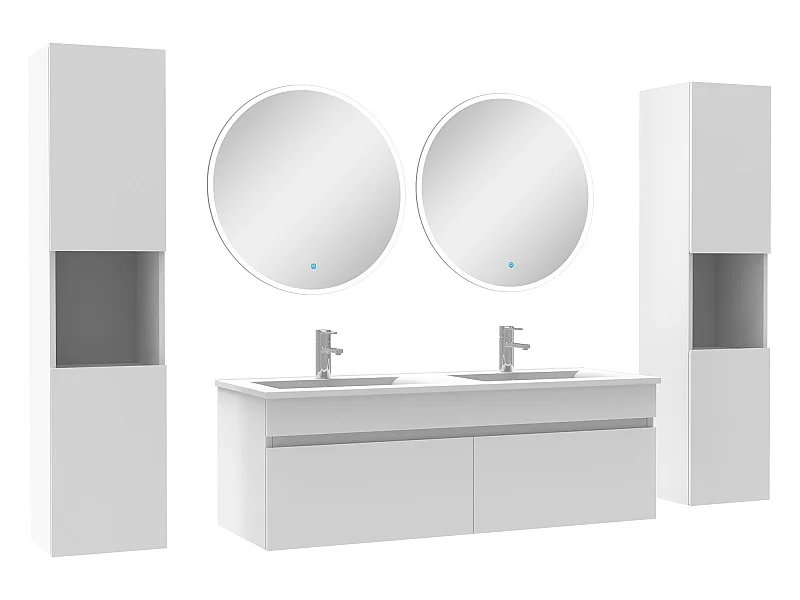 Ensemble meubles Salle de Bain double vasque 120cm, colonnex2 et miroir rond Blanc