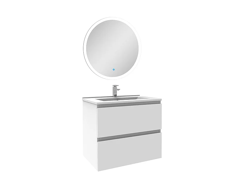 Ensemble meuble Salle de Bain Blanc 60cm simple vasque + miroir lumineux rond