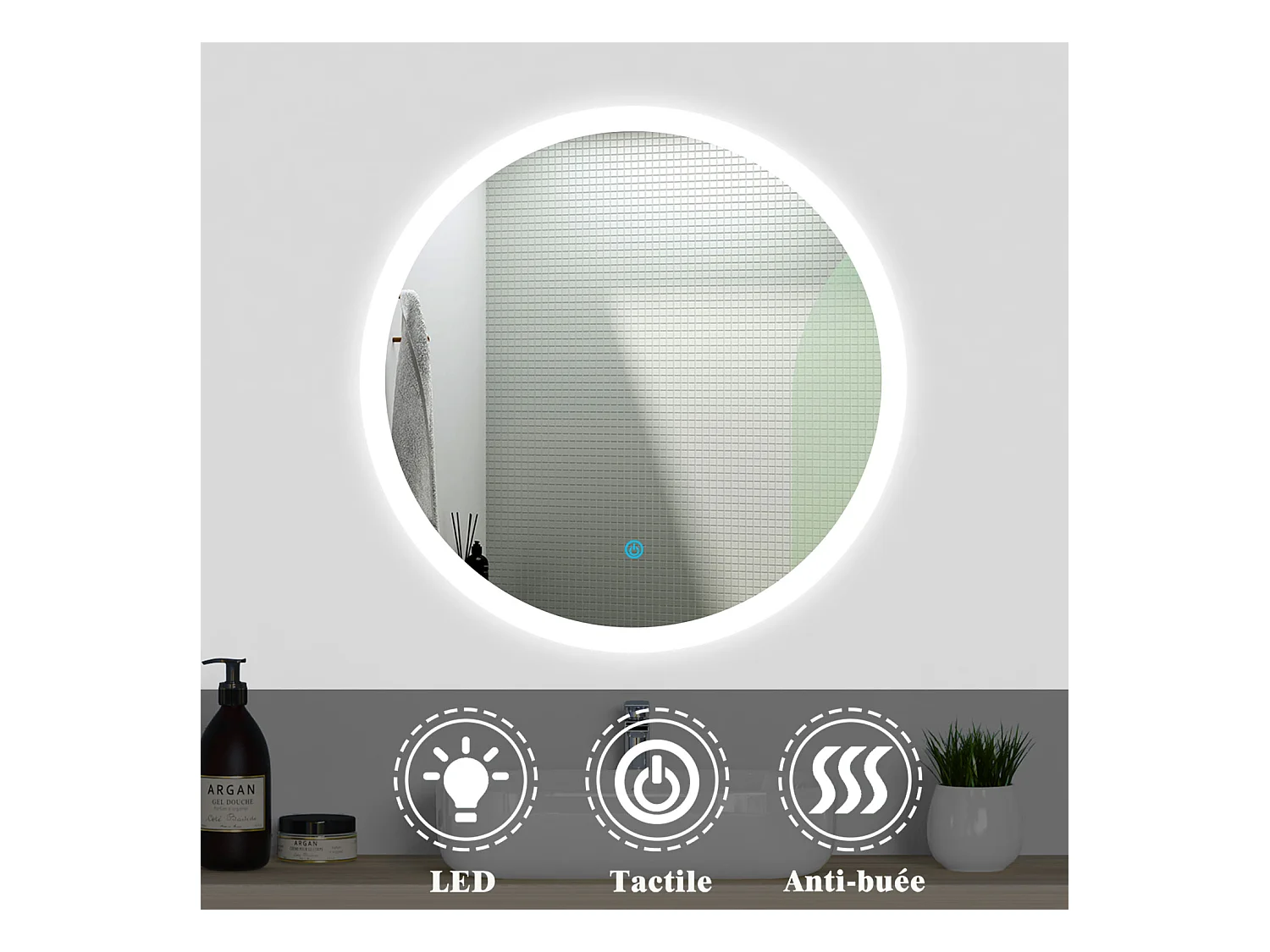 Ensemble meuble Salle de Bain Blanc 60cm simple vasque + miroir lumineux rond