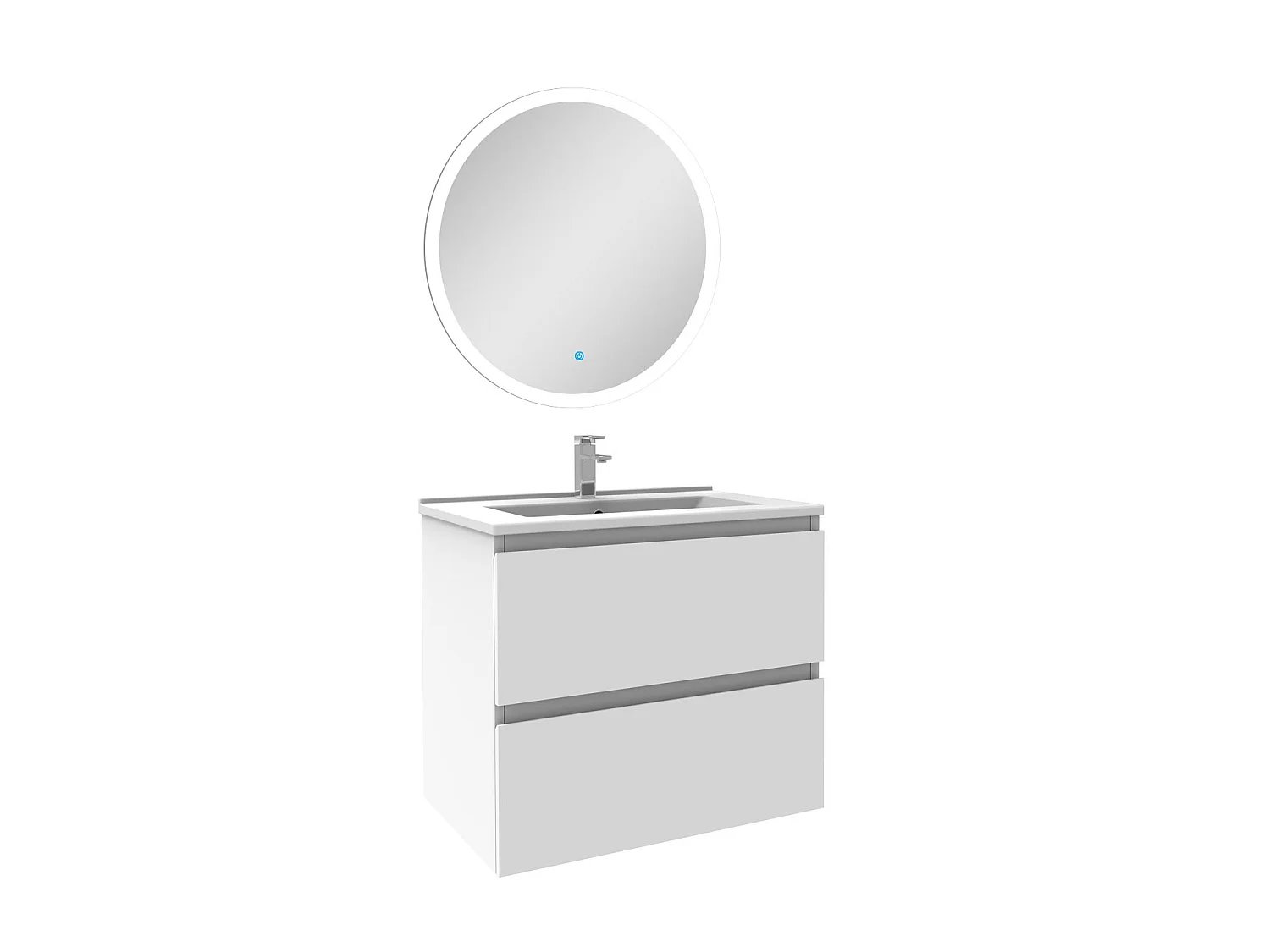 Ensemble meuble Salle de Bain Blanc 60cm simple vasque + miroir lumineux rond