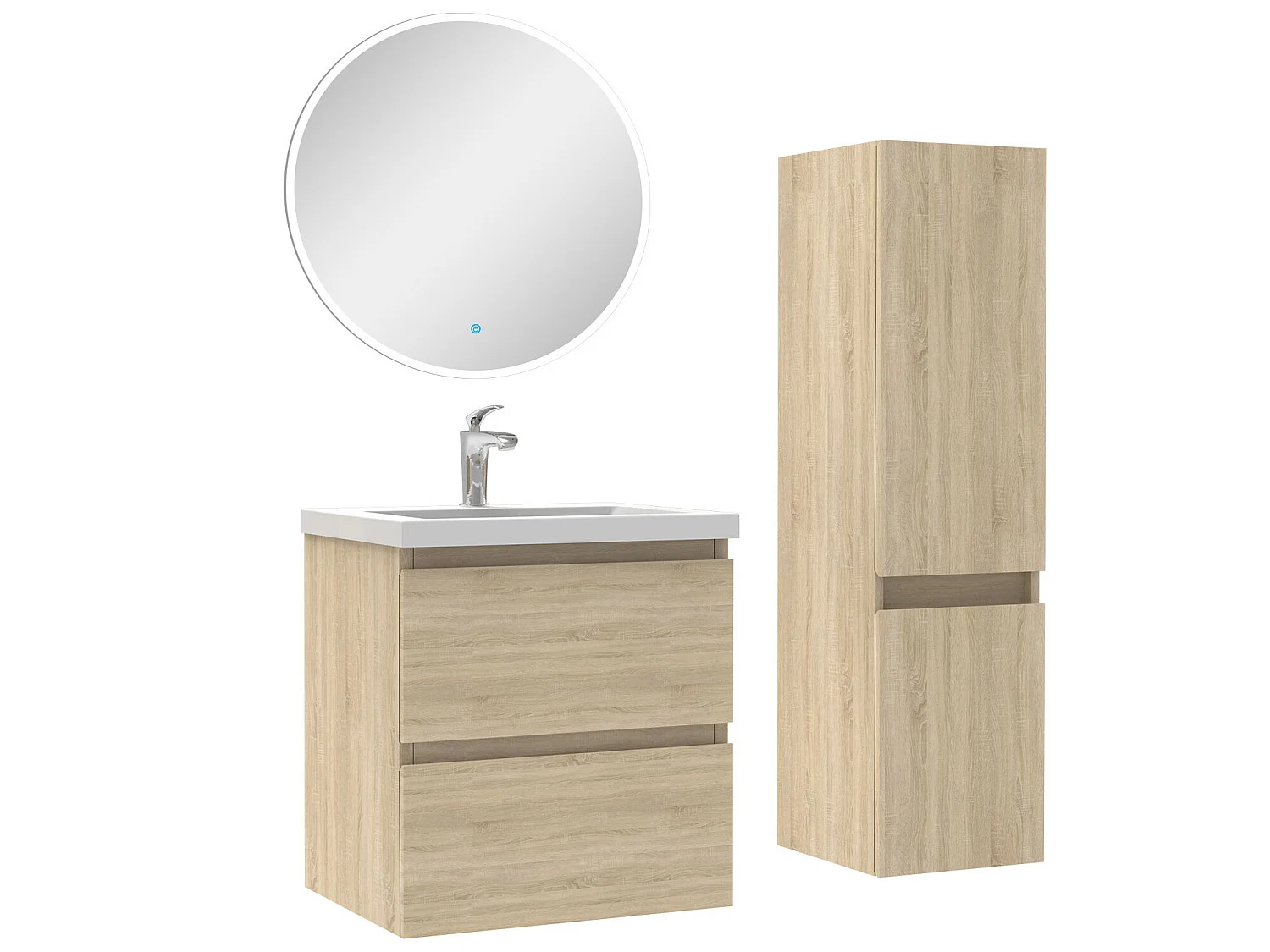 Ensemble meubles Salle de Bain 50cm vasque + colonne + miroir rond lumineux Chêne Wotan