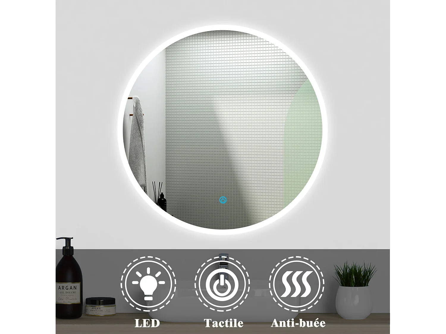 Ensemble meubles Salle de Bain 50cm vasque + colonne + miroir rond lumineux Chêne Wotan