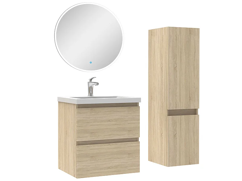 Ensemble meubles Salle de Bain 50cm vasque + colonne + miroir rond lumineux Chêne Wotan