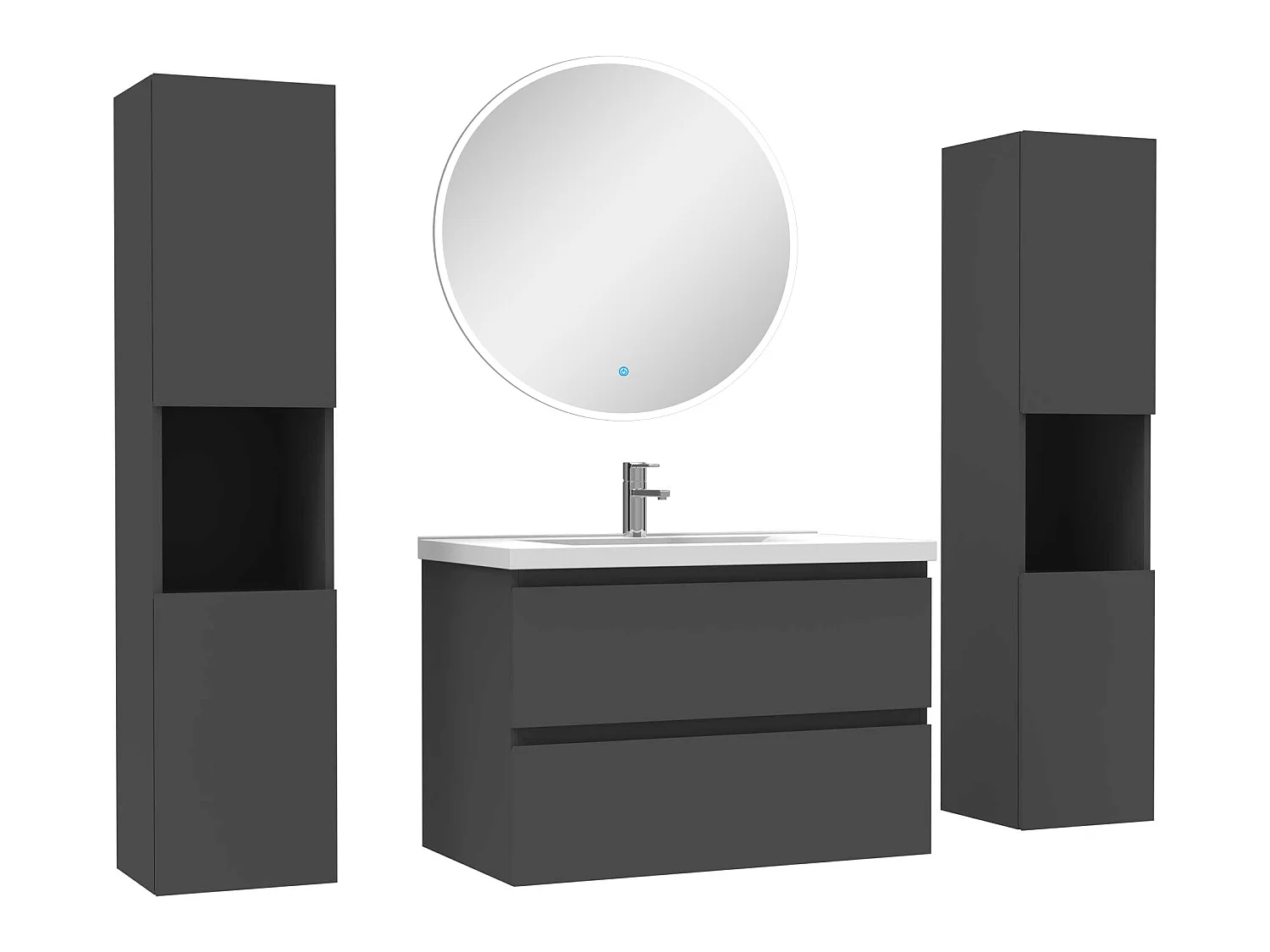 Ensemble meubles Salle de Bain avec colonne et miroir rond mural 80cm meuble Anthracite