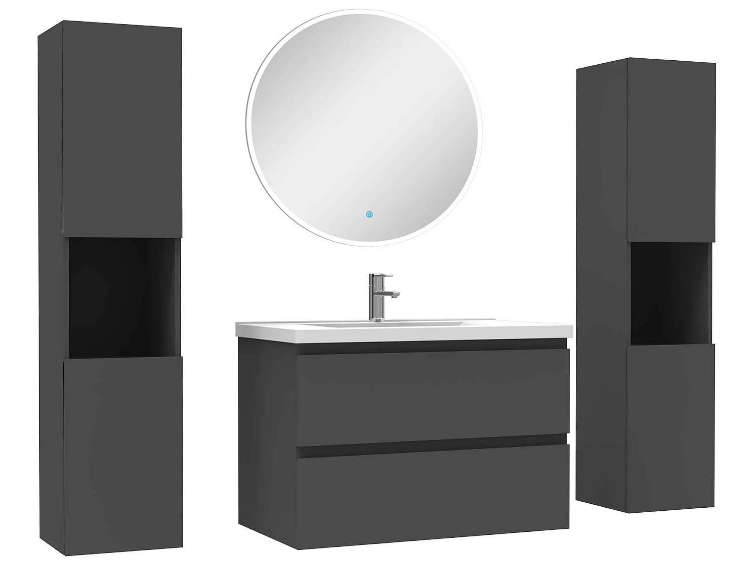 Ensemble meubles Salle de Bain avec colonne et miroir rond mural 80cm meuble Anthracite