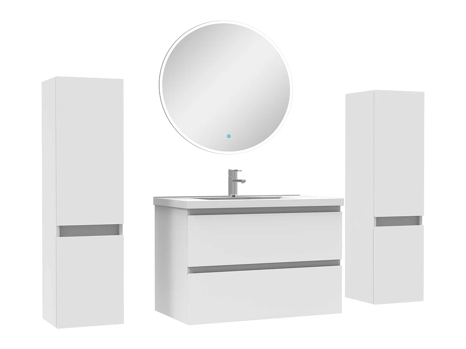 Ensemble meubles Salle de Bain avec colonne + miroir rond mural 80cm meuble blanc