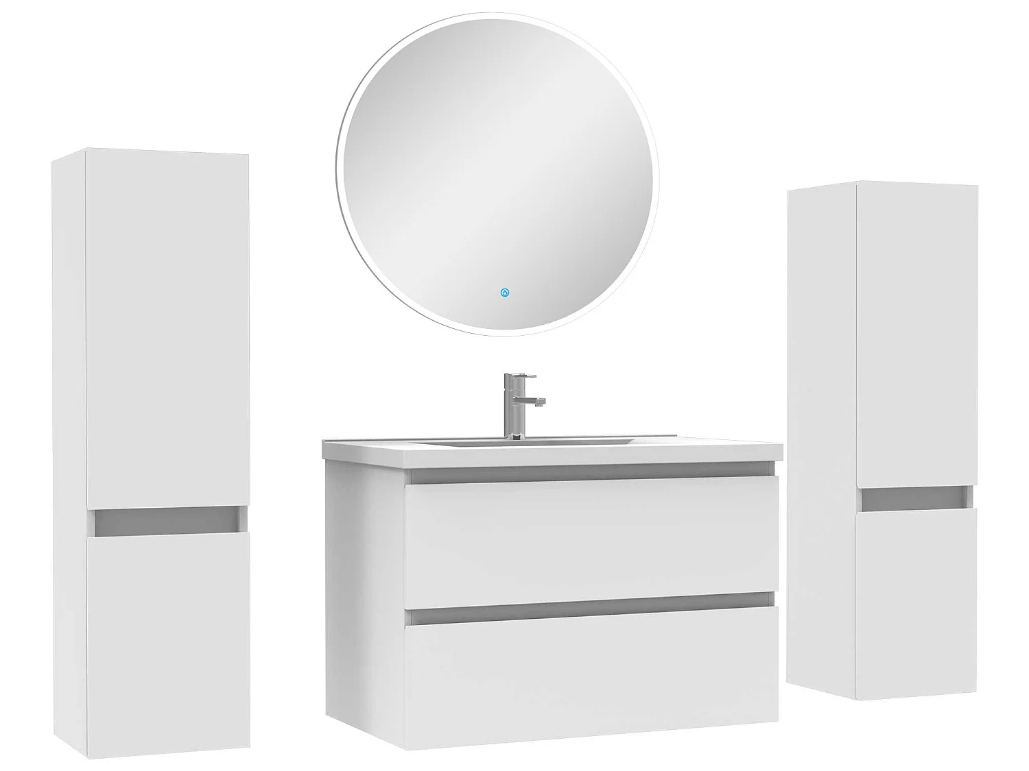 Ensemble meubles Salle de Bain avec colonne + miroir rond mural 80cm meuble blanc
