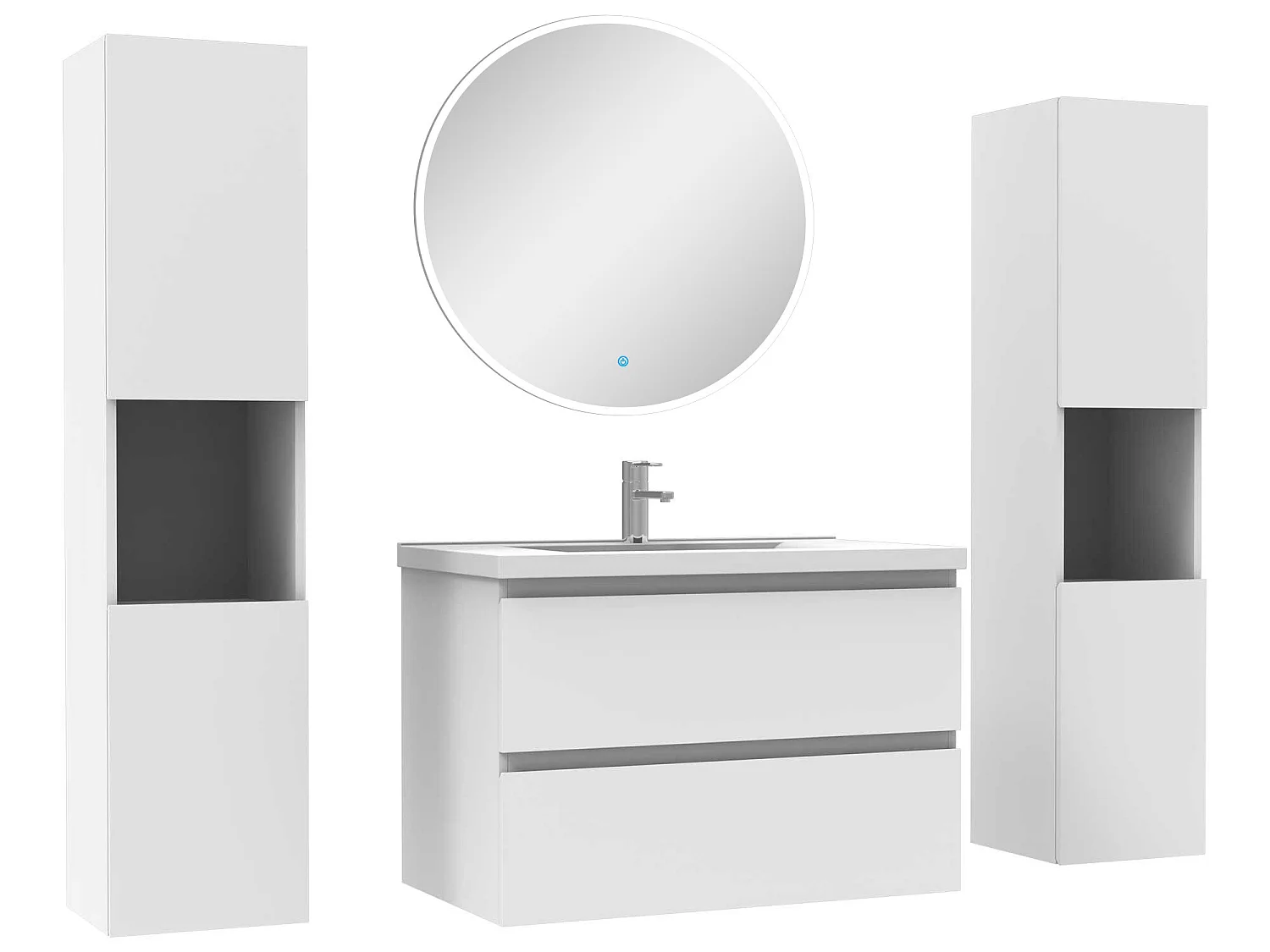 Ensemble meubles Salle de Bain avec colonne et miroir rond mural 80cm meuble blanc