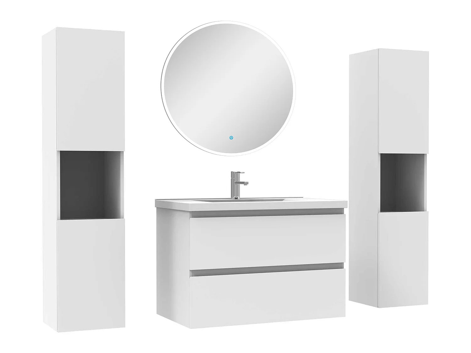 Ensemble meubles Salle de Bain avec colonne et miroir rond mural 80cm meuble blanc