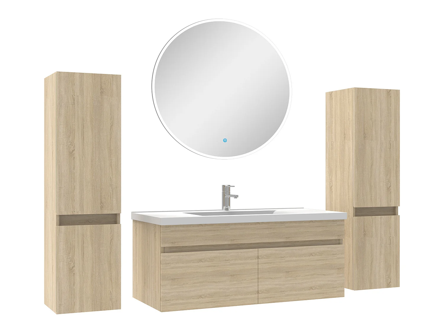 Ensemble meubles Salle de Bain simple vasque 100cm, colonnex2 + miroir rond Chêne Wotan