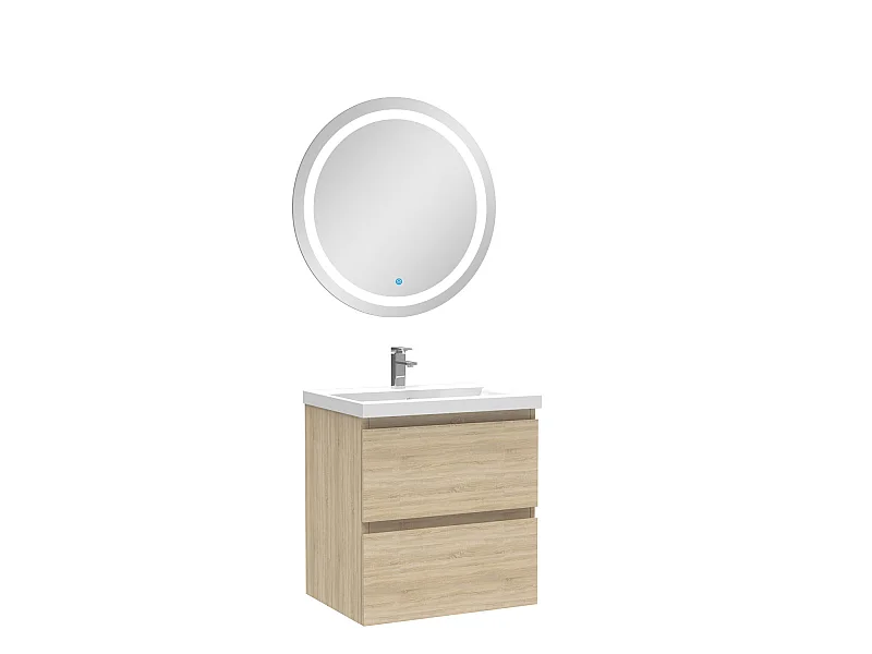 Ensemble meuble Salle de Bain 50cm Chêne Wotan simple vasque + miroir lumineux rond