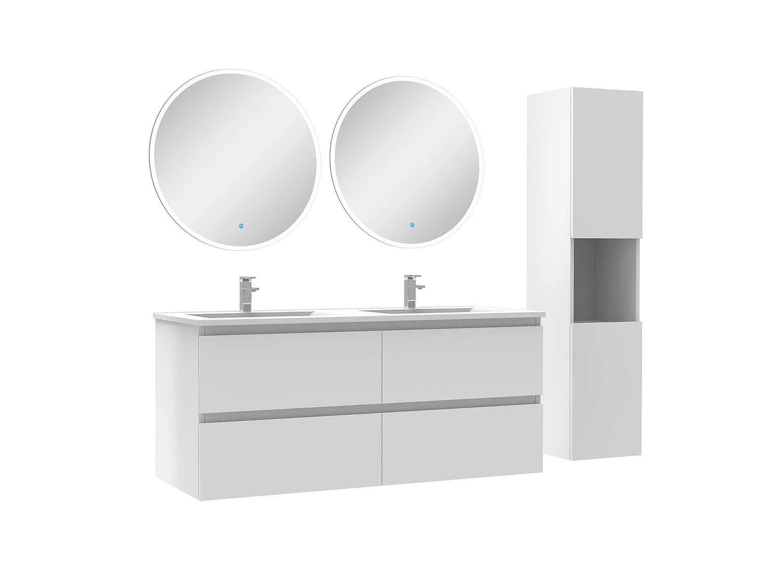 Ensemble meubles double vasque 120cm,colonne + miroir rond lumineux Blanc