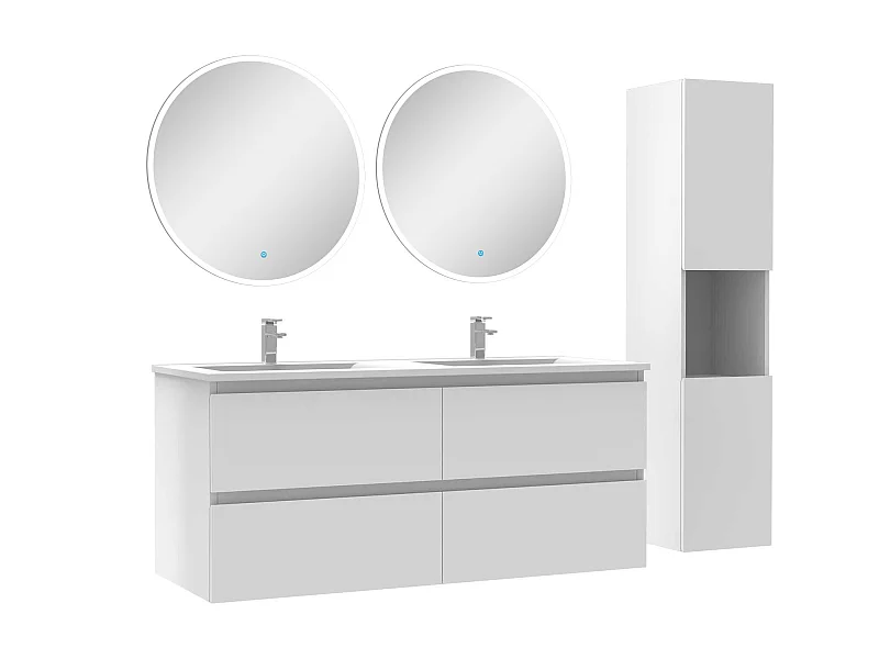 Ensemble meubles double vasque 120cm,colonne + miroir rond lumineux Blanc