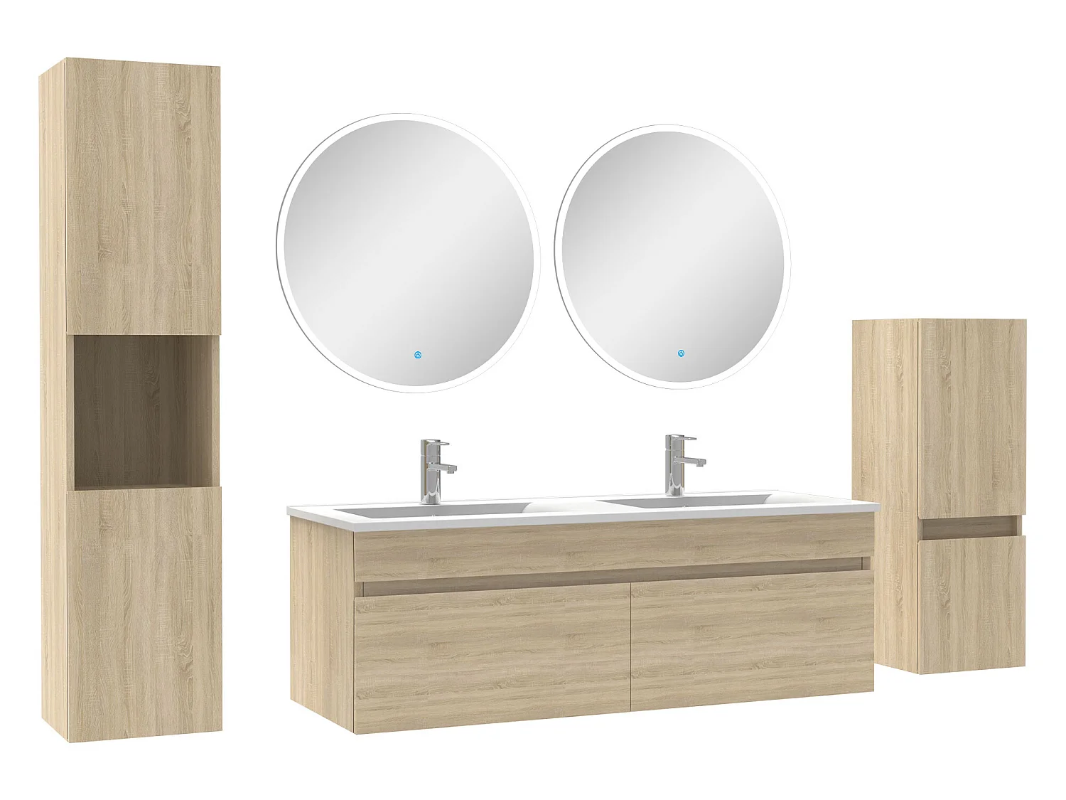 Meubles simple vasque 120cm,meuble acve colonne et miroir rond Chêne Wotan