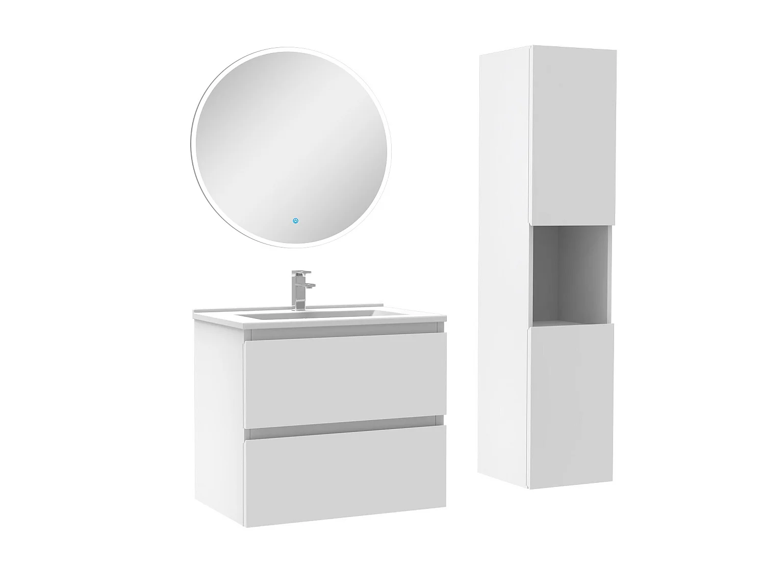 Ensemble meubles simple vasque 60cm,colonne + miroir rond lumineux Blanc