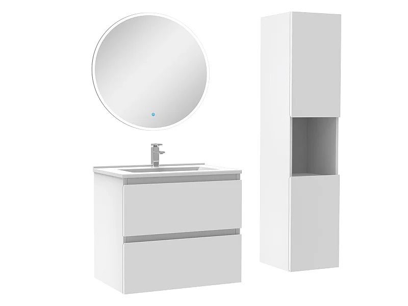 Ensemble meubles simple vasque 60cm,colonne + miroir rond lumineux Blanc