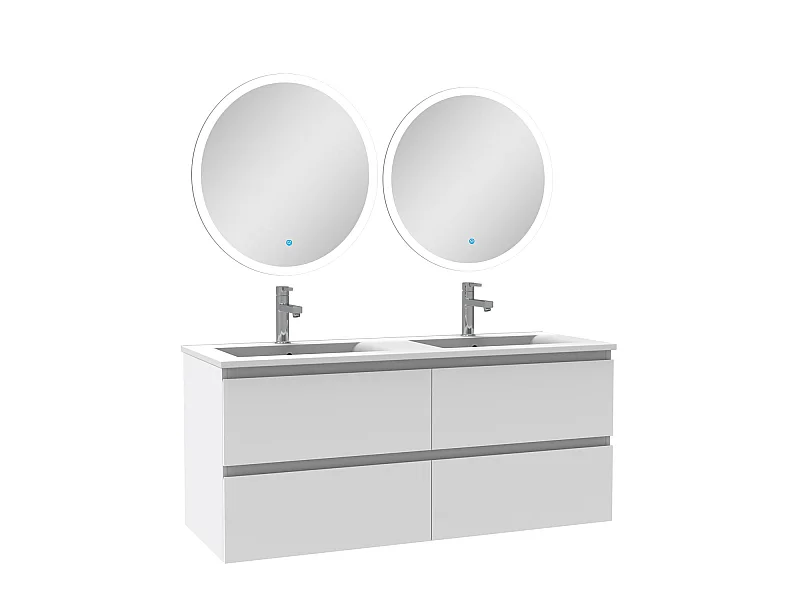 Ensemble meubles Salle de Bain 120cm double vasque + miroir lumineux rond Blanc