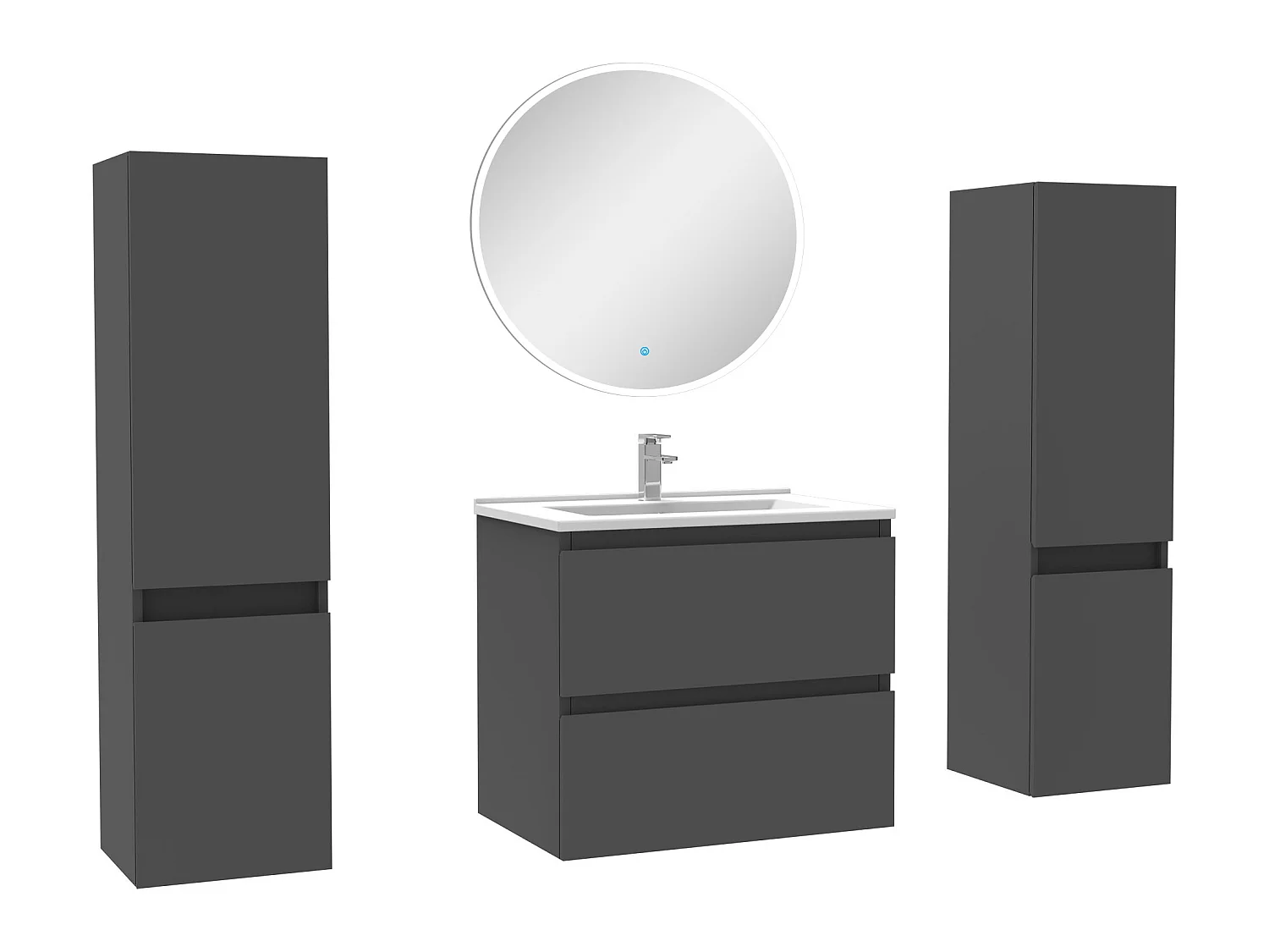 Ensemble meubles Salle de Bain avec colonne + miroir rond mural 60cm meuble Anthracite