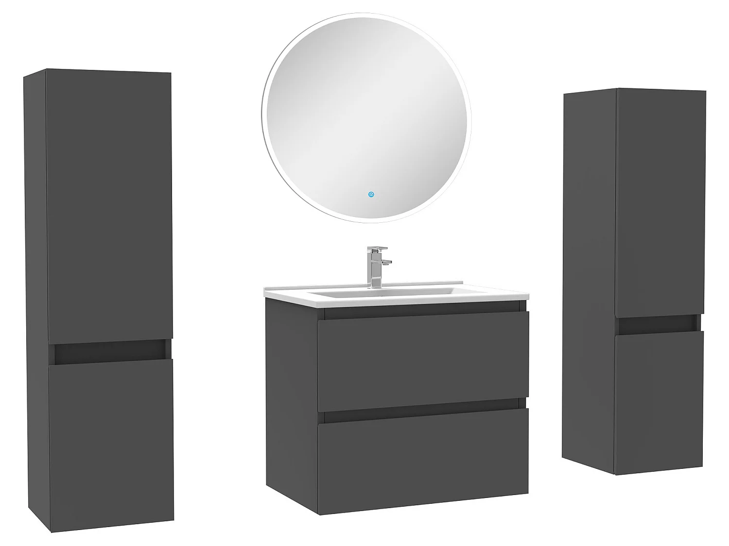 Ensemble meubles Salle de Bain avec colonne + miroir rond mural 60cm meuble Anthracite