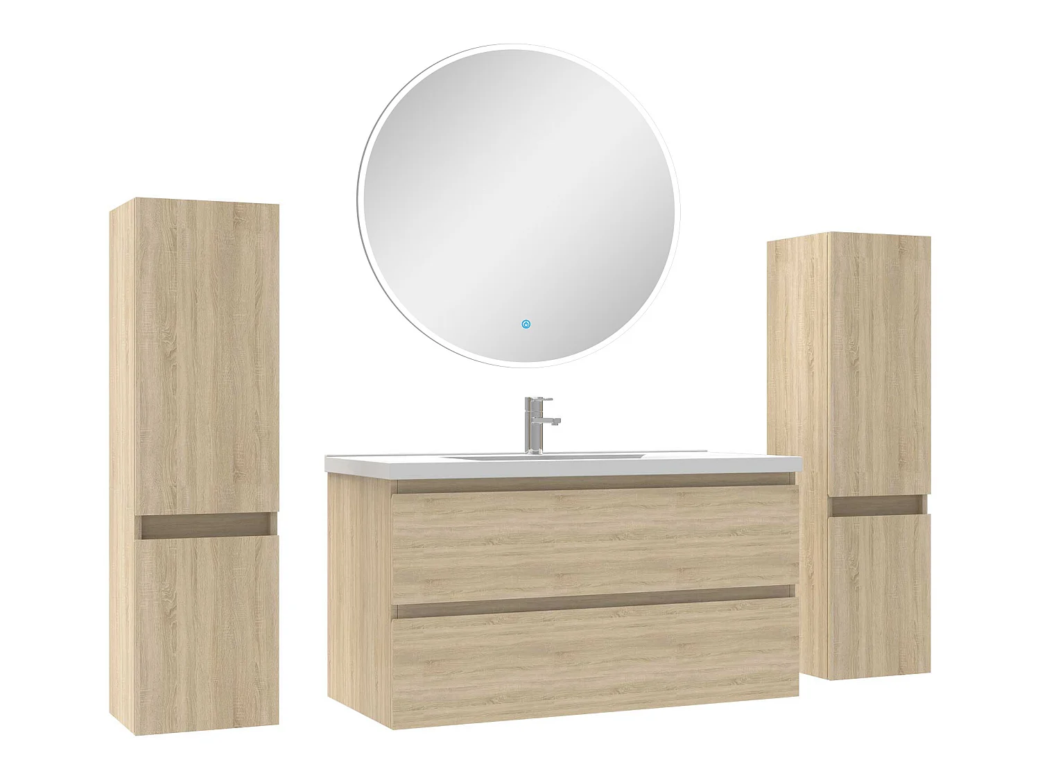 Ensemble meubles Salle de Bain avec colonne + miroir rond mural 100cm meuble Chêne Wotan
