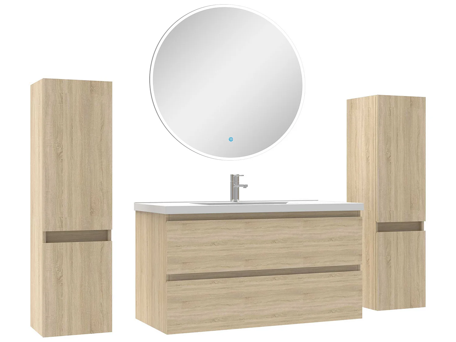 Ensemble meubles Salle de Bain avec colonne + miroir rond mural 100cm meuble Chêne Wotan