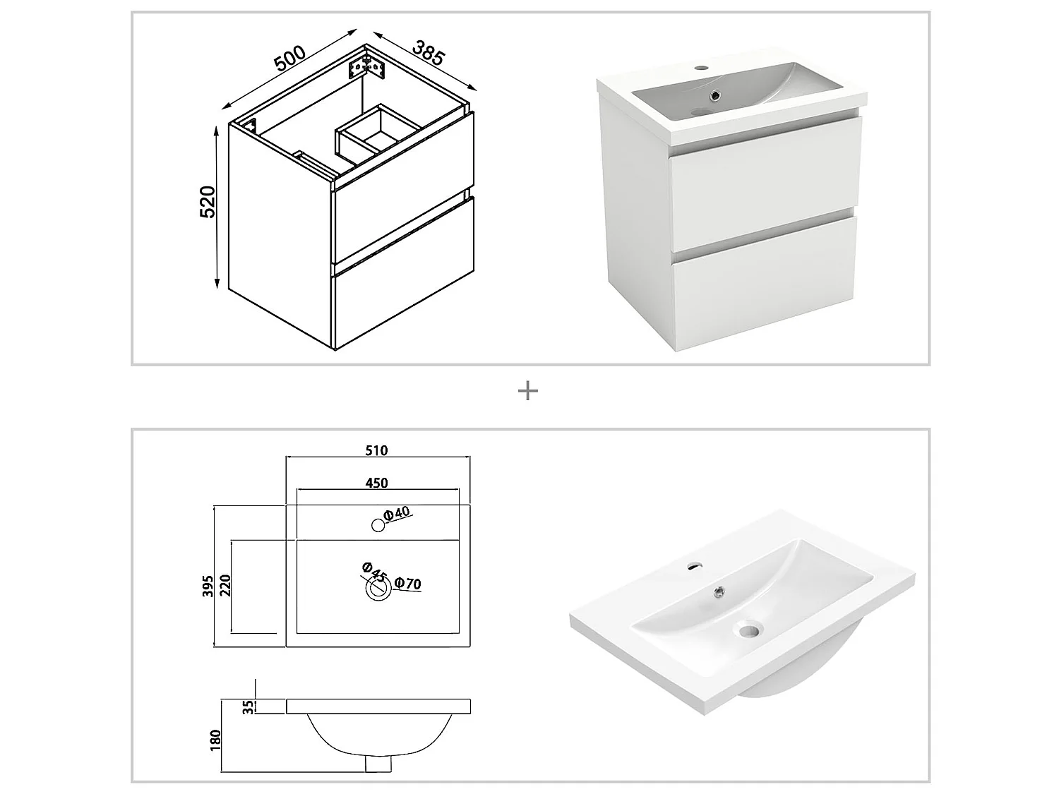 Ensemble meubles Salle de Bain 50cm simple vasque + colonne + miroir rond mural Blanc