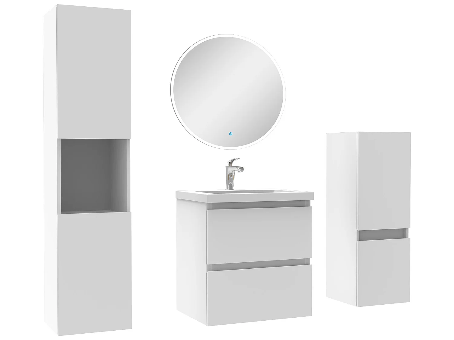Ensemble meubles Salle de Bain 50cm simple vasque + colonne + miroir rond mural Blanc