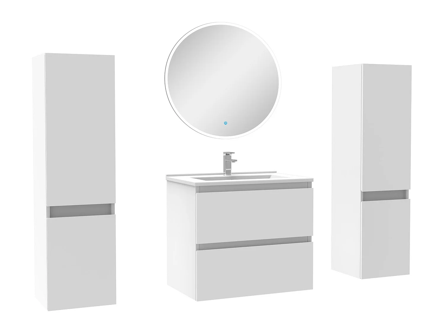 Ensemble meubles Salle de Bain avec colonne + miroir rond mural 60cm meuble blanc