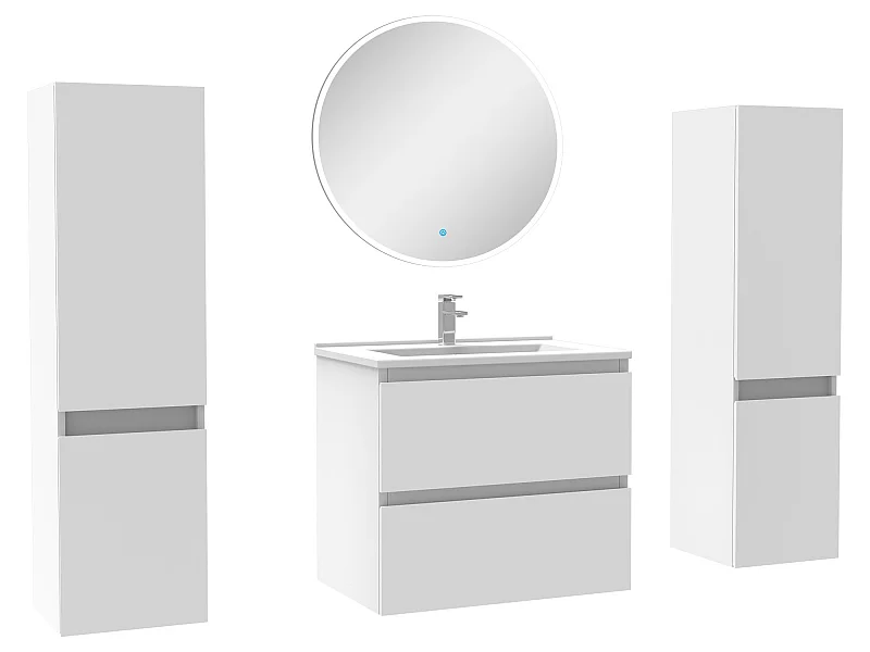 Ensemble meubles Salle de Bain avec colonne + miroir rond mural 60cm meuble blanc
