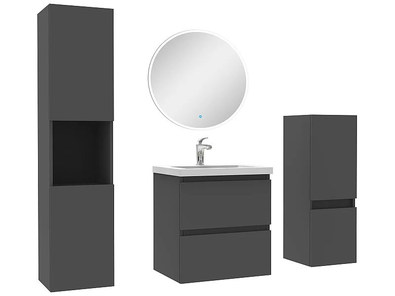 Ensemble meubles Salle de Bain 50cm simple vasque + colonne + miroir rond mural Anthracite