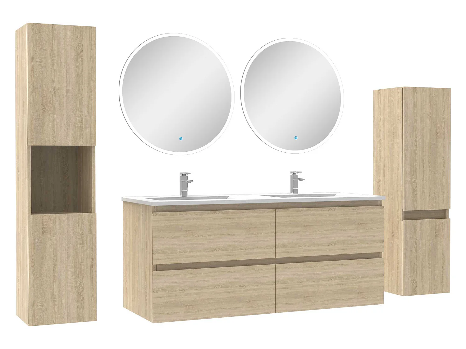 Ensemble meubles Salle de Bain 120cm vasque + colonne + miroir rond mural Chêne Wotan