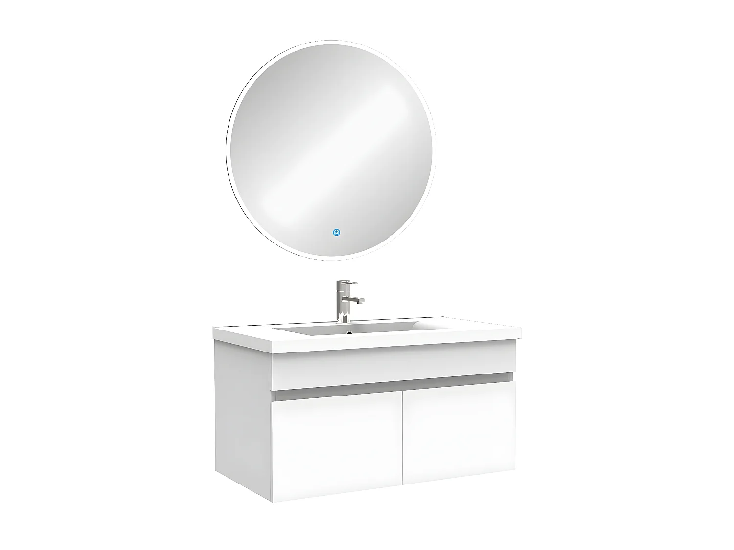 Ensemble meubles Salle de Bain simple vasque 80cm + miroir rond lumineux Blanc