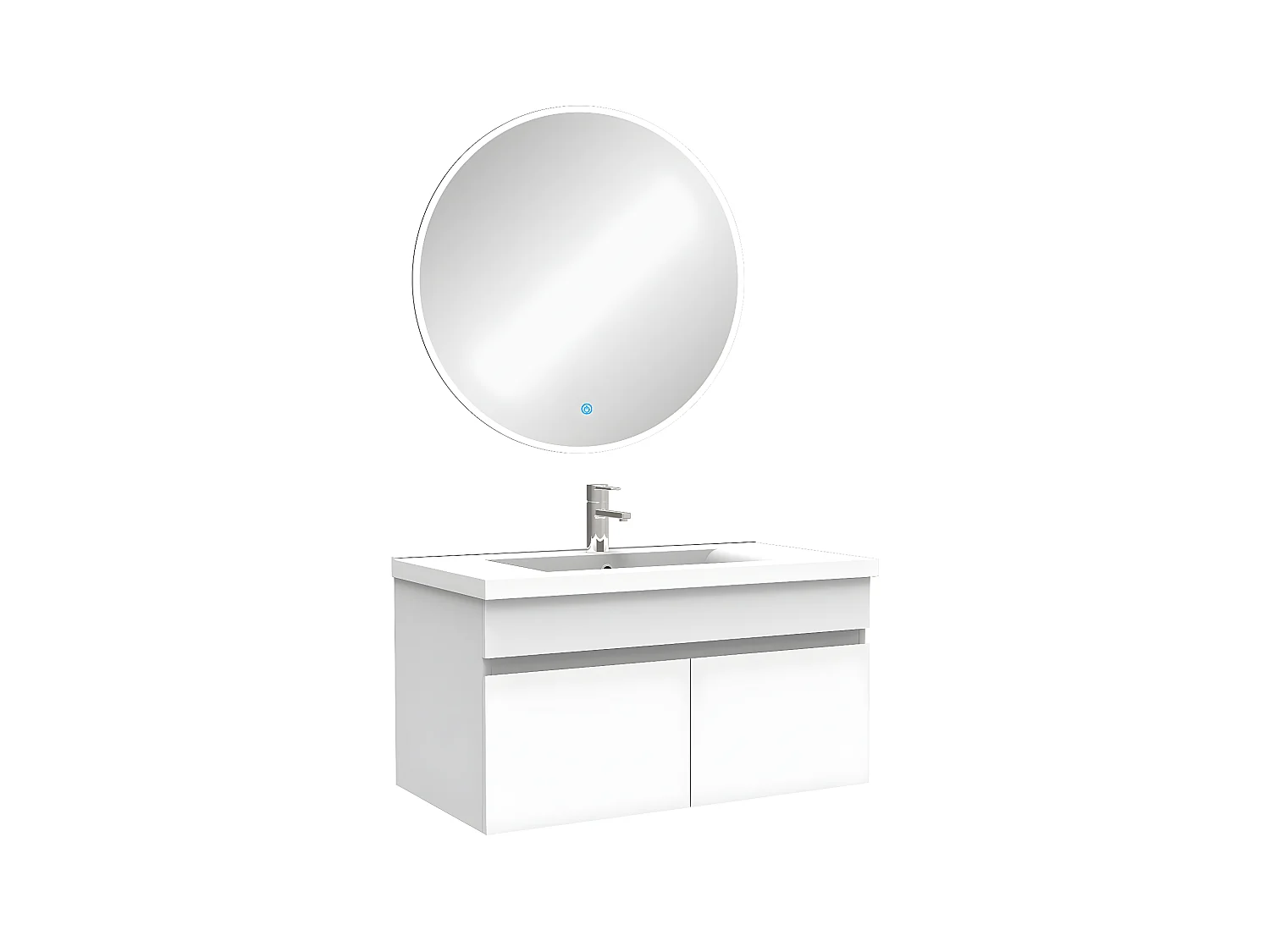 Ensemble meubles Salle de Bain simple vasque 80cm + miroir rond lumineux Blanc