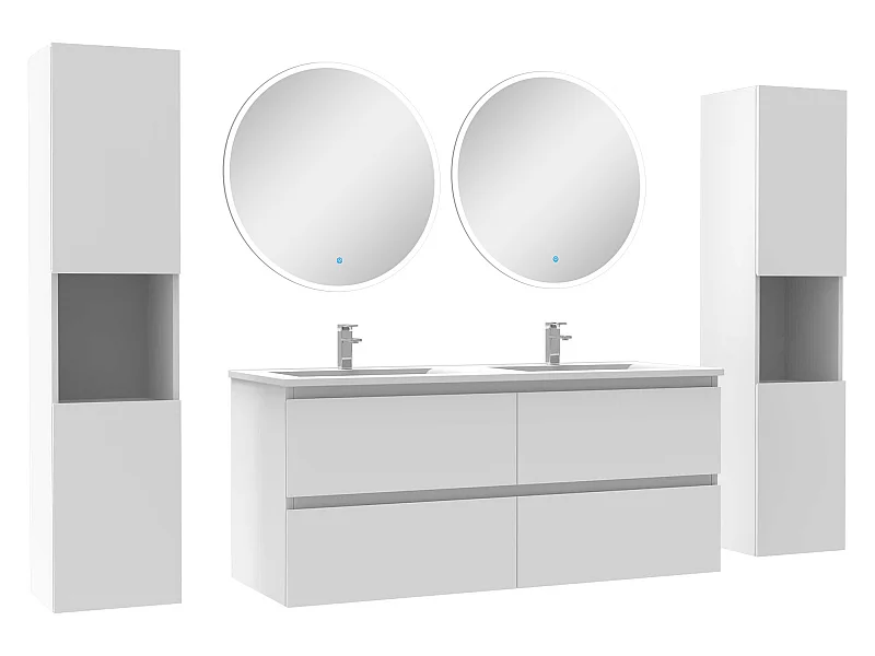 Ensemble meubles Salle de Bain avec colonne et miroir rond mural 120cm meuble blanc