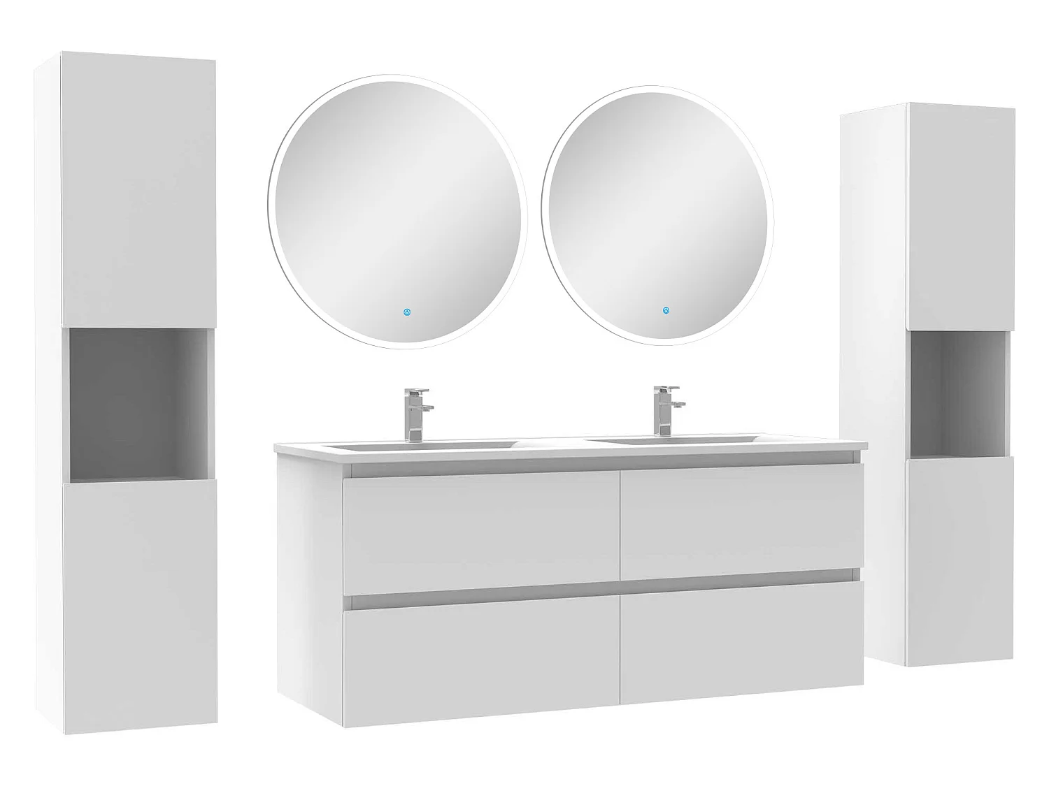 Ensemble meubles Salle de Bain avec colonne et miroir rond mural 120cm meuble blanc