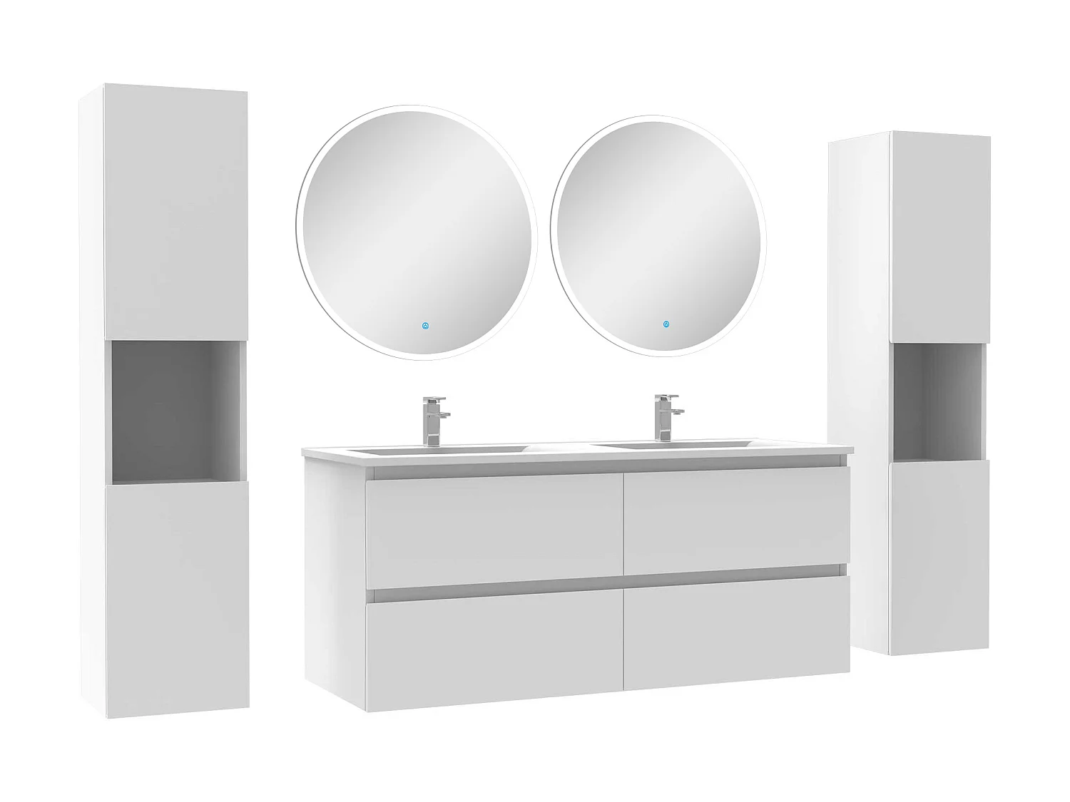 Ensemble meubles Salle de Bain avec colonne et miroir rond mural 120cm meuble blanc