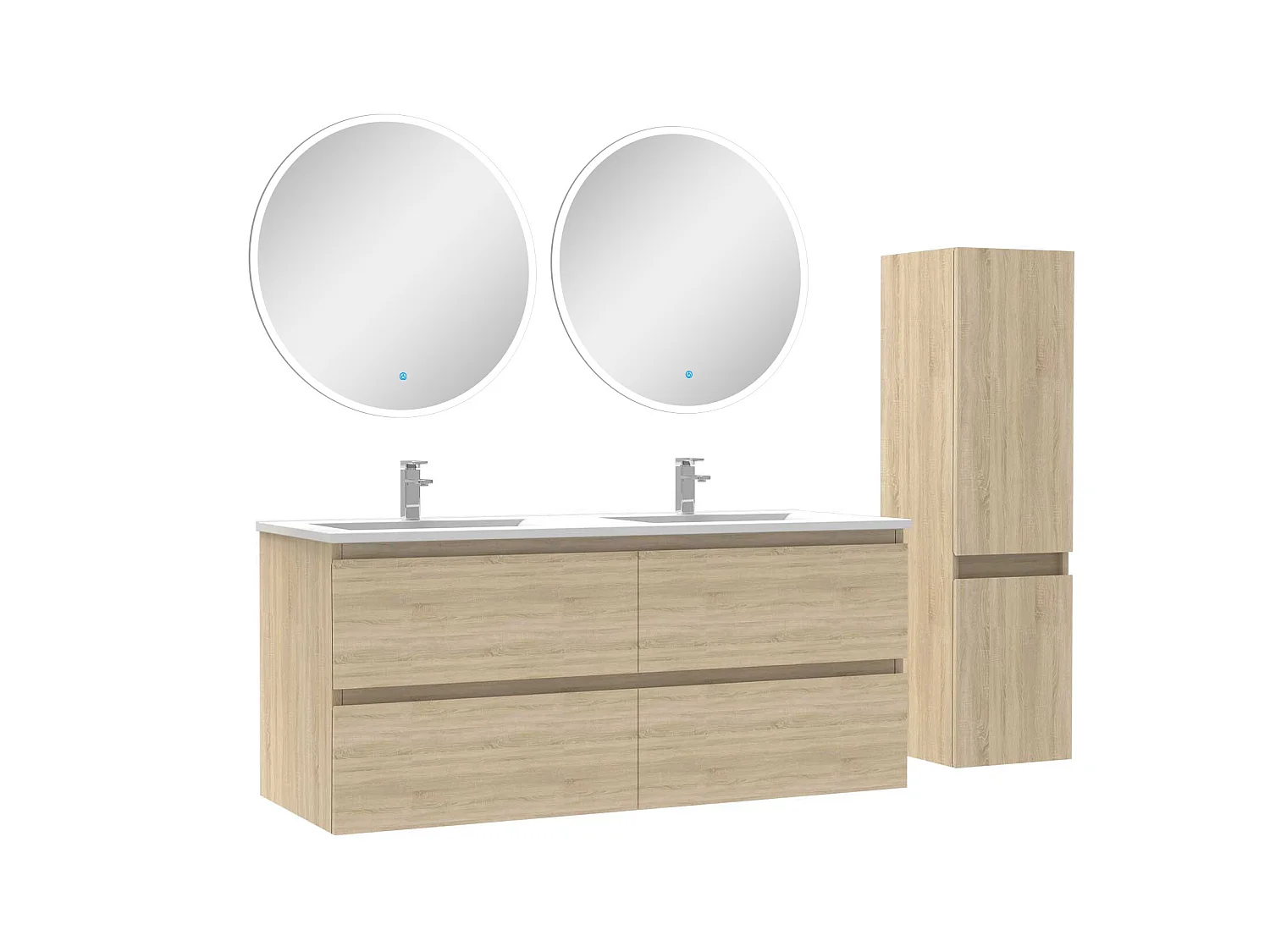 Ensemble meubles Salle de Bain 120cm vasque + colonne + miroir rond lumineux Chêne Wotan
