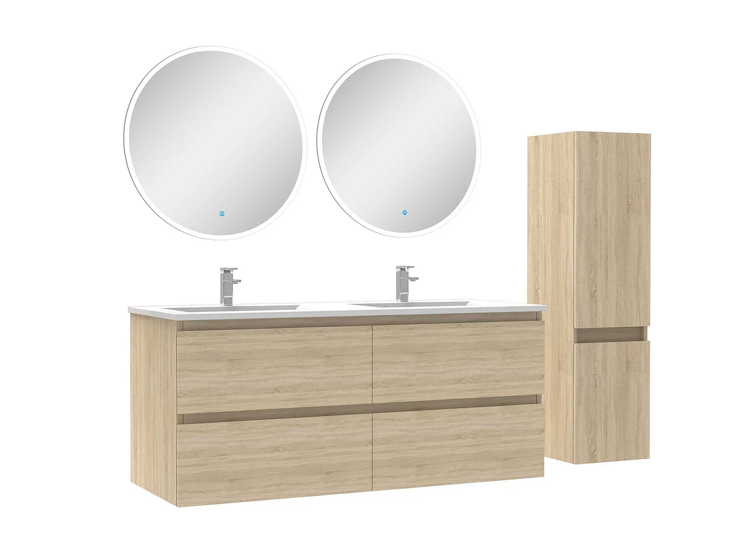 Ensemble meubles Salle de Bain 120cm vasque + colonne + miroir rond lumineux Chêne Wotan
