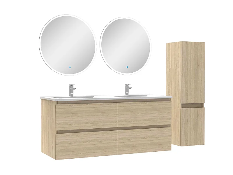 Ensemble meubles Salle de Bain 120cm vasque + colonne + miroir rond lumineux Chêne Wotan